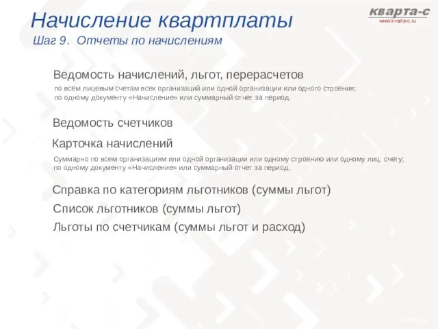 Начисление квартплаты Шаг 9. Отчеты по начислениям Ведомость начислений, льгот, перерасчетов Ведомость