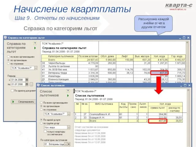 Начисление квартплаты Шаг 9. Отчеты по начислениям Справка по категориям льгот Расшировка