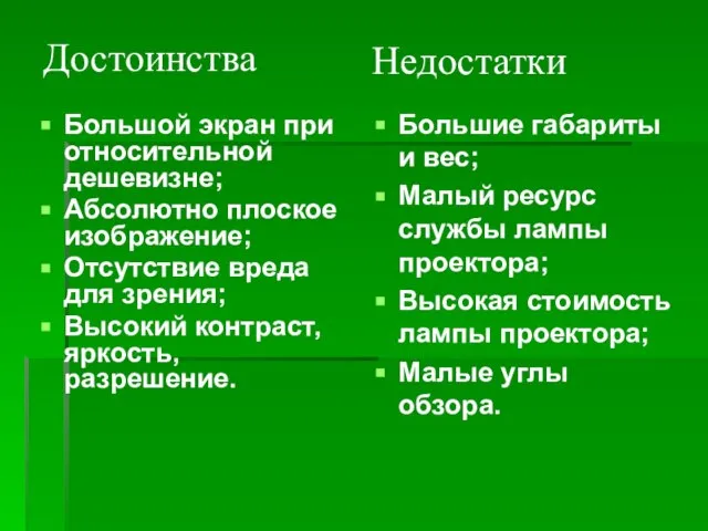 Большой экран при относительной дешевизне; Абсолютно плоское изображение; Отсутствие вреда для зрения;