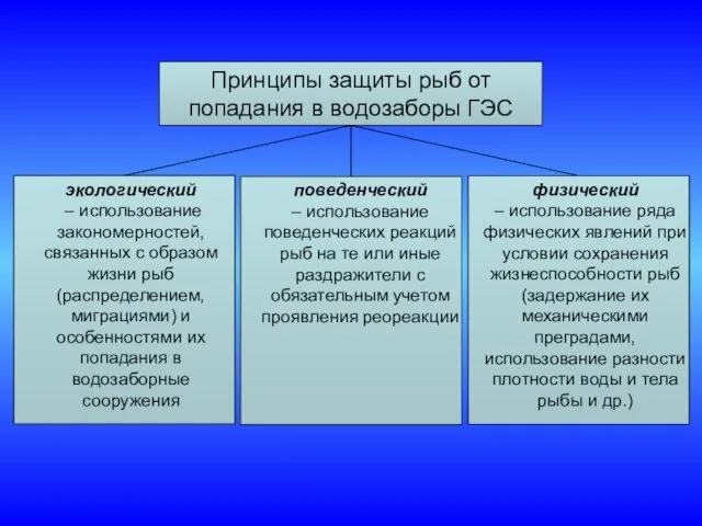 Принципы защиты рыб от попадания в водозаборы ГЭС поведенческий – использование поведенческих