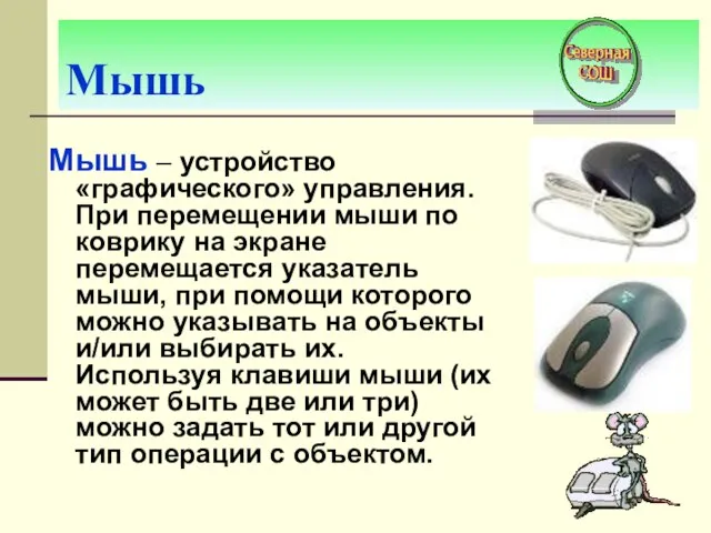 Мышь Мышь – устройство «графического» управления. При перемещении мыши по коврику на