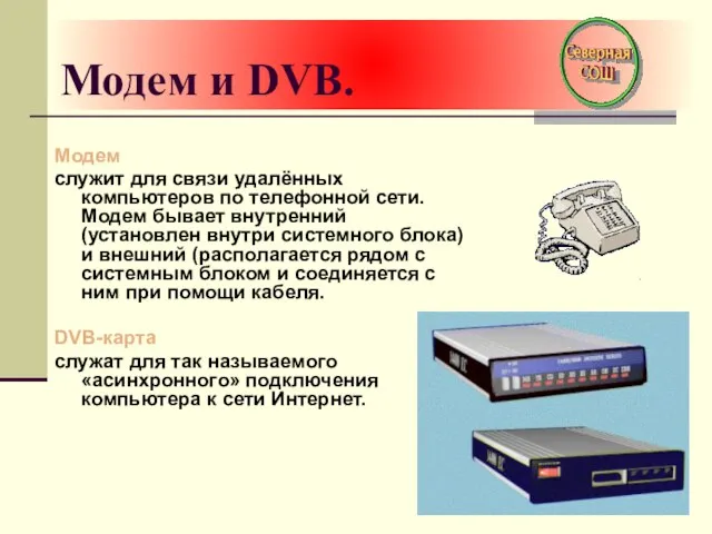 Модем и DVB. Модем служит для связи удалённых компьютеров по телефонной сети.
