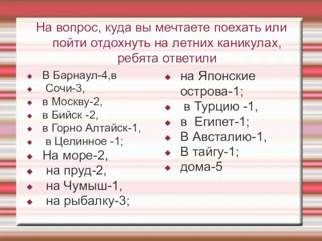 На вопрос, куда вы мечтаете поехать или пойти отдохнуть на летних каникулах,ребята