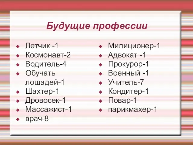 Будущие профессии Летчик -1 Космонавт-2 Водитель-4 Обучать лошадей-1 Шахтер-1 Дровосек-1 Массажист-1 врач-8