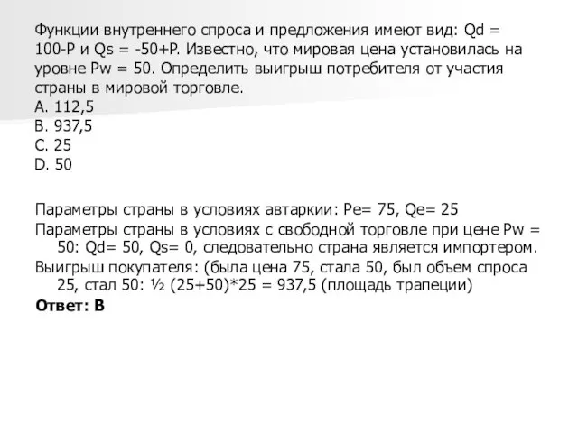 Функции внутреннего спроса и предложения имеют вид: Qd = 100-P и Qs