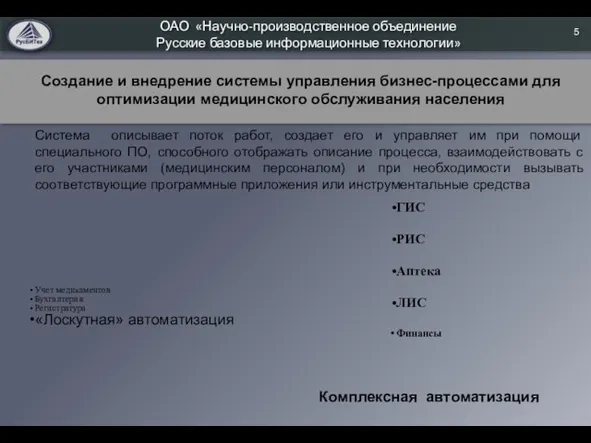 ОАО «Научно-производственное объединение Русские базовые информационные технологии» 5 Создание и внедрение системы