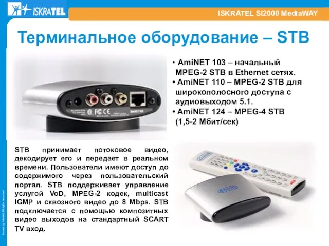 ISKRATEL SI2000 MediaWAY Терминальное оборудование – STB STB принимает потоковое видео, декодирует