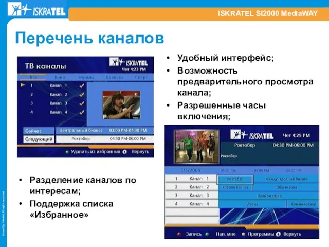 ISKRATEL SI2000 MediaWAY Перечень каналов Удобный интерфейс; Возможность предварительного просмотра канала; Разрешенные