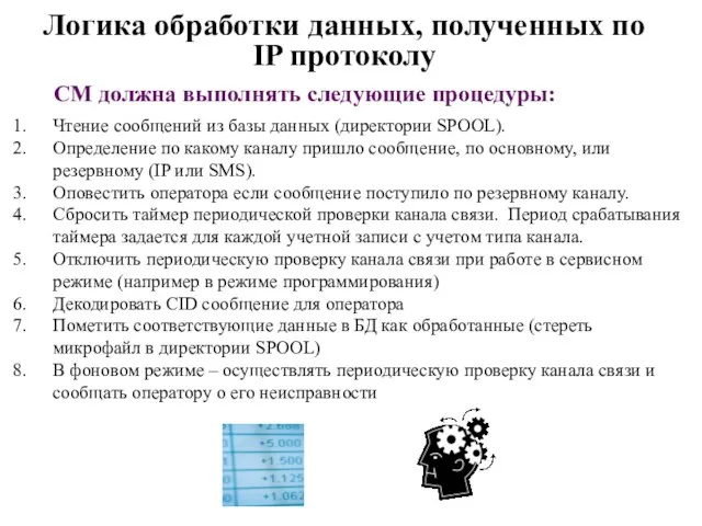 Логика обработки данных, полученных по IP протоколу СМ должна выполнять следующие процедуры: