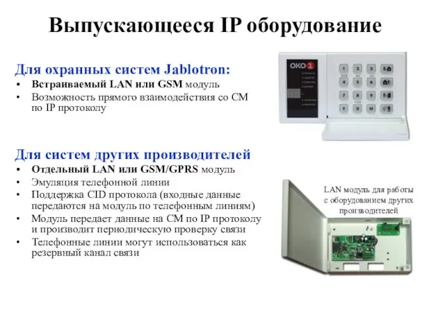 Для охранных систем Jablotron: Встраиваемый LAN или GSM модуль Возможность прямого взаимодействия