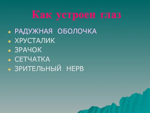 Как устроен глаз РАДУЖНАЯ ОБОЛОЧКА ХРУСТАЛИК ЗРАЧОК СЕТЧАТКА ЗРИТЕЛЬНЫЙ НЕРВ