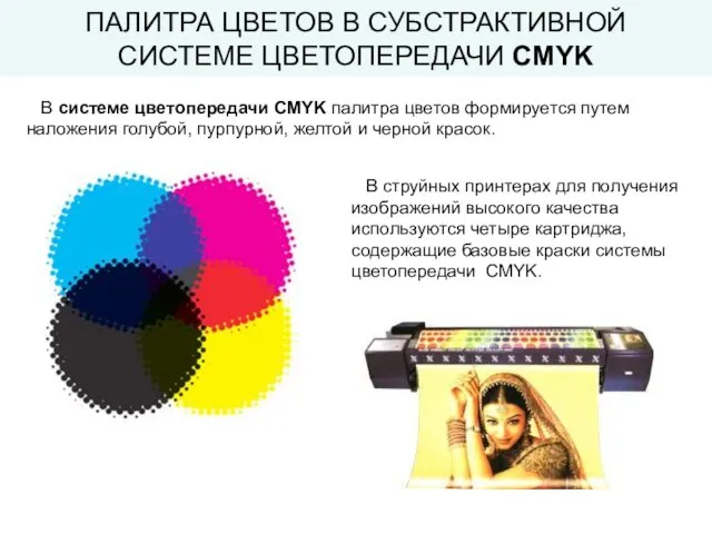 ПАЛИТРА ЦВЕТОВ В СУБСТРАКТИВНОЙ СИСТЕМЕ ЦВЕТОПЕРЕДАЧИ CMYK В системе цветопередачи CMYK палитра