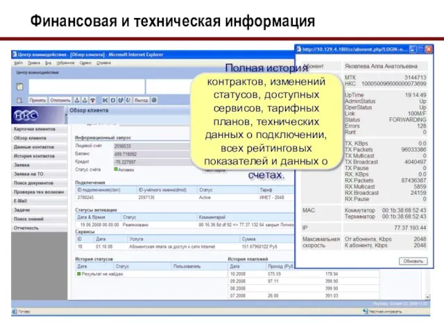 Финансовая и техническая информация Полная история контрактов, изменений статусов, доступных сервисов, тарифных