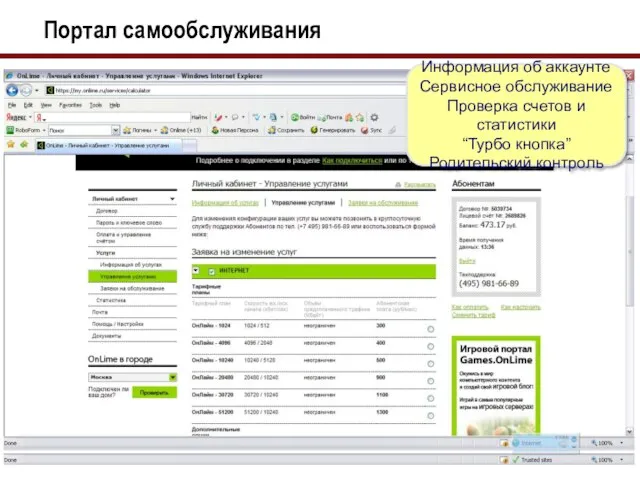 Портал самообслуживания Информация об аккаунте Сервисное обслуживание Проверка счетов и статистики “Турбо кнопка” Родительский контроль