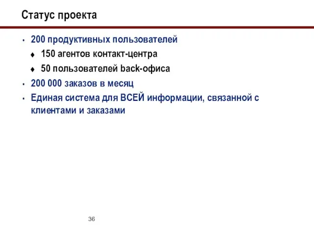 Статус проекта 200 продуктивных пользователей 150 агентов контакт-центра 50 пользователей back-офиса 200