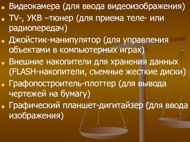 Видеокамера (для ввода видеоизображения) TV-, УКВ –тюнер (для приема теле- или радиопередач)