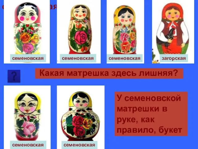 Какая матрешка здесь лишняя? семеновская Какая матрешка здесь лишняя? У семеновской матрешки