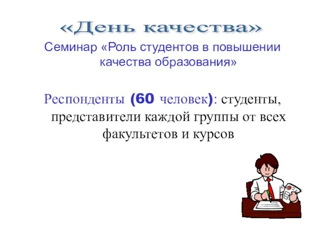 Семинар «Роль студентов в повышении качества образования» Респонденты (60 человек): студенты, представители