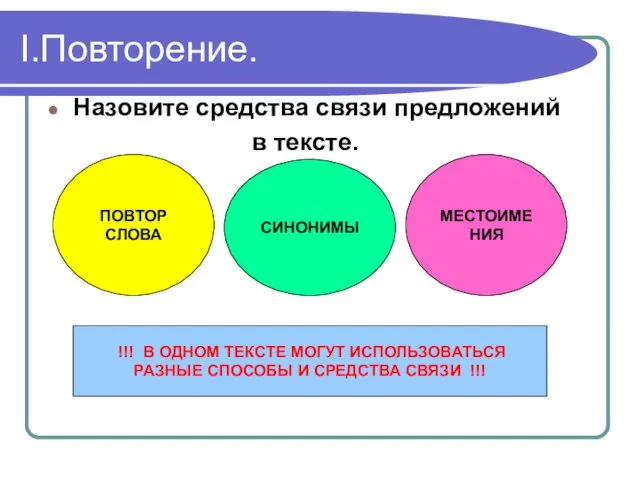 I.Повторение. Назовите средства связи предложений в тексте. СИНОНИМЫ ПОВТОР СЛОВА МЕСТОИМЕНИЯ !!!