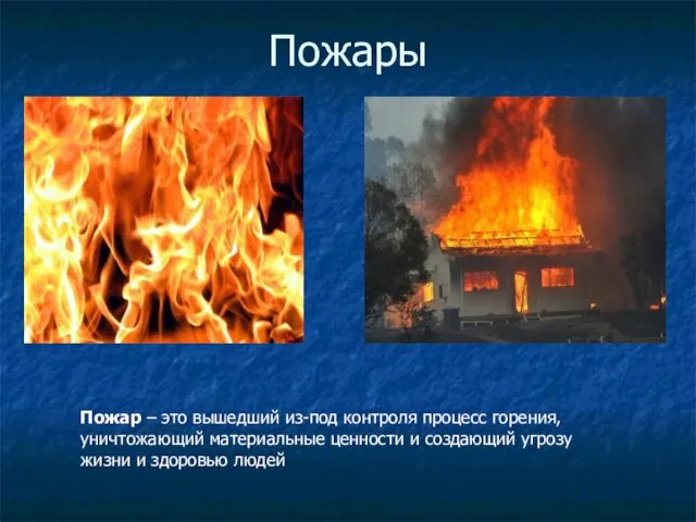 Пожары Пожар – это вышедший из-под контроля процесс горения, уничтожающий материальные ценности