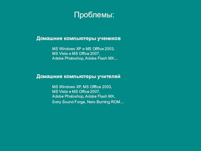 Домашние компьютеры учеников Проблемы: MS Windows XP и MS Offfice 2003, MS