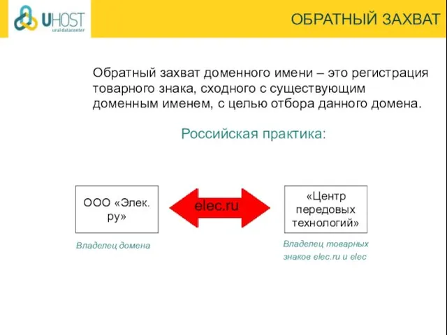 ОБРАТНЫЙ ЗАХВАТ Обратный захват доменного имени – это регистрация товарного знака, сходного