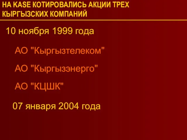 НА KASE КОТИРОВАЛИСЬ АКЦИИ ТРЕХ КЫРГЫЗСКИХ КОМПАНИЙ 10 ноября 1999 года АО