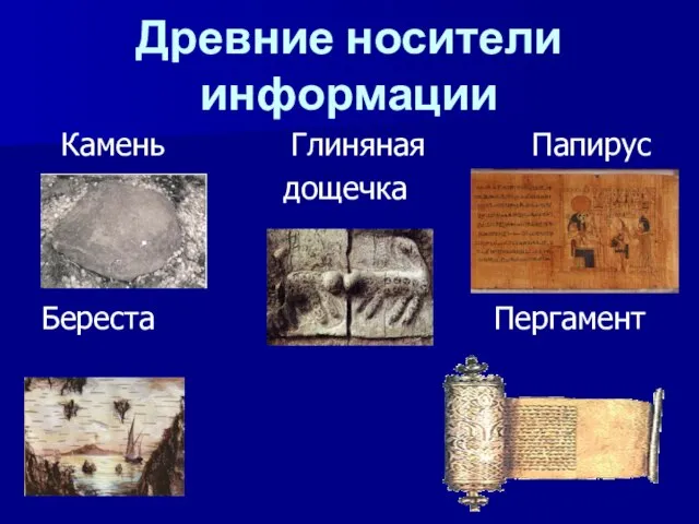 Древние носители информации Камень Глиняная Папирус дощечка Береста Пергамент