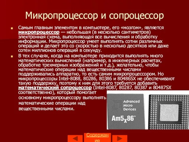 Содержание Микропроцессор и сопроцессор Самым главным элементом в компьютере, его «мозгом», является