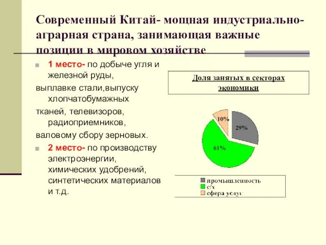 Современный Китай- мощная индустриально-аграрная страна, занимающая важные позиции в мировом хозяйстве 1