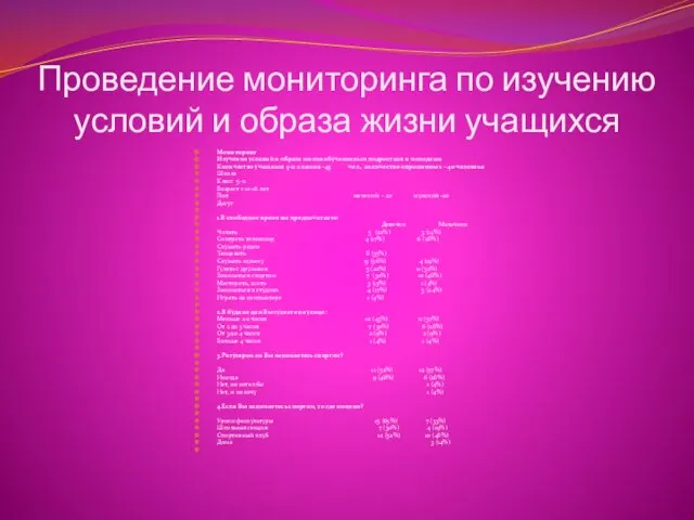 Проведение мониторинга по изучению условий и образа жизни учащихся Мониторинг Изучение условий