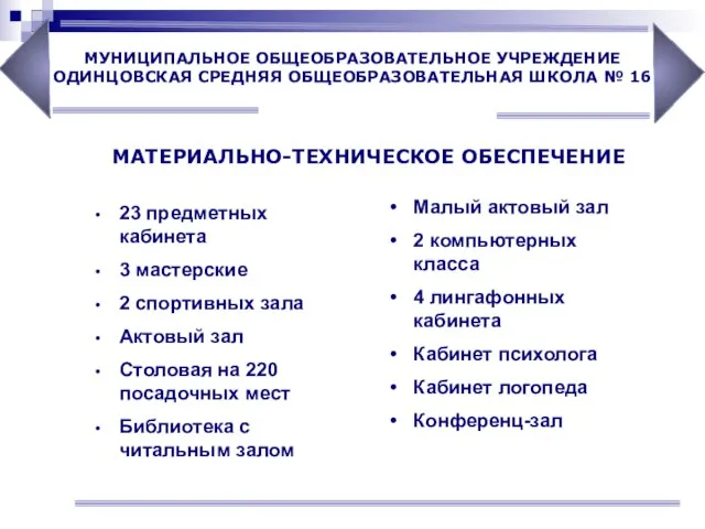 МАТЕРИАЛЬНО-ТЕХНИЧЕСКОЕ ОБЕСПЕЧЕНИЕ 23 предметных кабинета 3 мастерские 2 спортивных зала Актовый зал