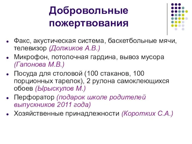 Добровольные пожертвования Факс, акустическая система, баскетбольные мячи, телевизор (Должиков А.В.) Микрофон, потолочная