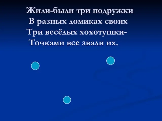 Жили-были три подружки В разных домиках своих Три весёлых хохотушки- Точками все звали их.