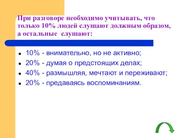 При разговоре необходимо учитывать, что только 10% людей слушают должным образом, а