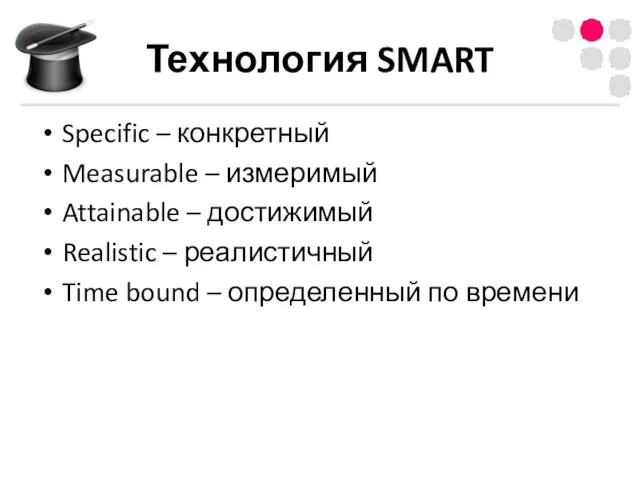 Технология SMART Specific – конкретный Measurable – измеримый Attainable – достижимый Realistic