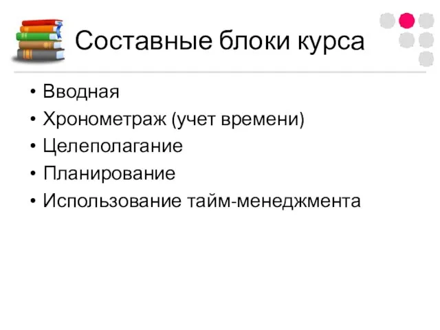 Составные блоки курса Вводная Хронометраж (учет времени) Целеполагание Планирование Использование тайм-менеджмента