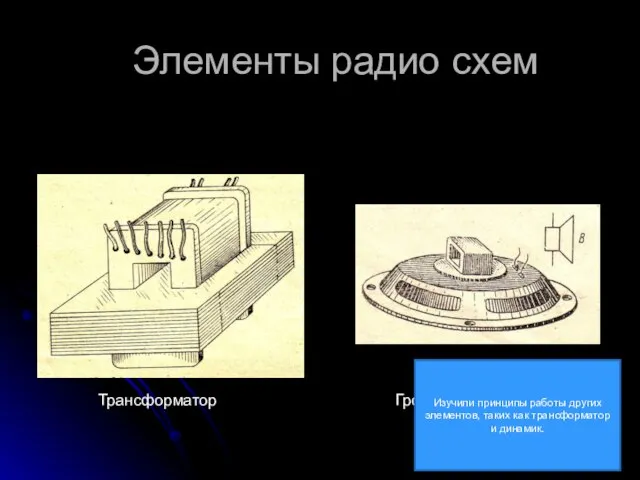 Элементы радио схем Трансформатор Громкоговоритель Изучили принципы работы других элементов, таких как трансформатор и динамик.