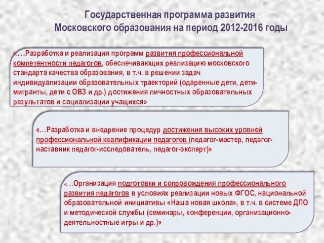 «…Разработка и реализация программ развития профессиональной компетентности педагогов, обеспечивающих реализацию московского стандарта