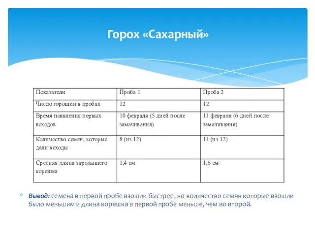 Вывод: семена в первой пробе взошли быстрее, но количество семян которые взошли