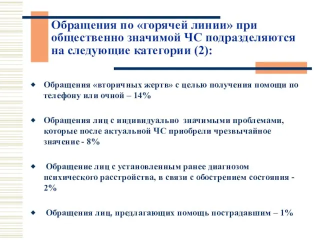 Обращения по «горячей линии» при общественно значимой ЧС подразделяются на следующие категории