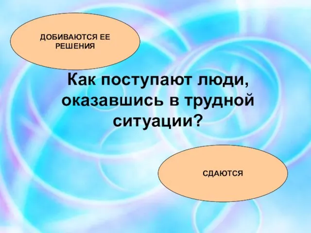 Как поступают люди, оказавшись в трудной ситуации? ДОБИВАЮТСЯ ЕЕ РЕШЕНИЯ СДАЮТСЯ