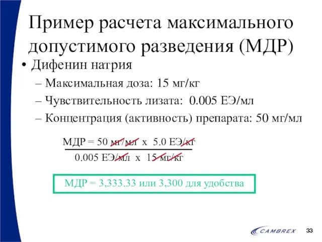 Пример расчета максимального допустимого разведения (МДР) Дифенин натрия Максимальная доза: 15 мг/кг