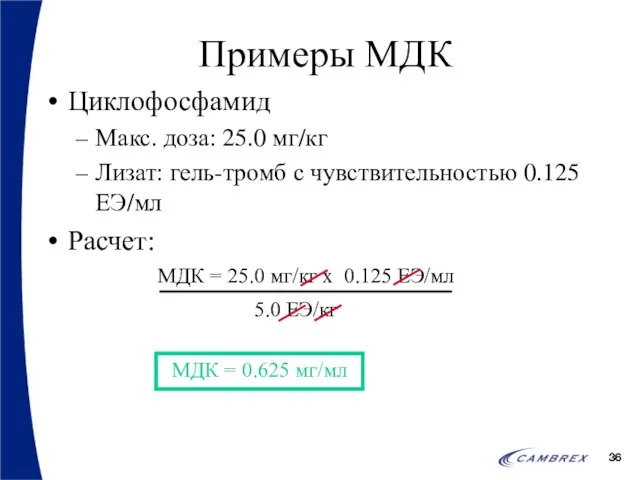 Примеры МДК Циклофосфамид Макс. доза: 25.0 мг/кг Лизат: гель-тромб с чувствительностью 0.125