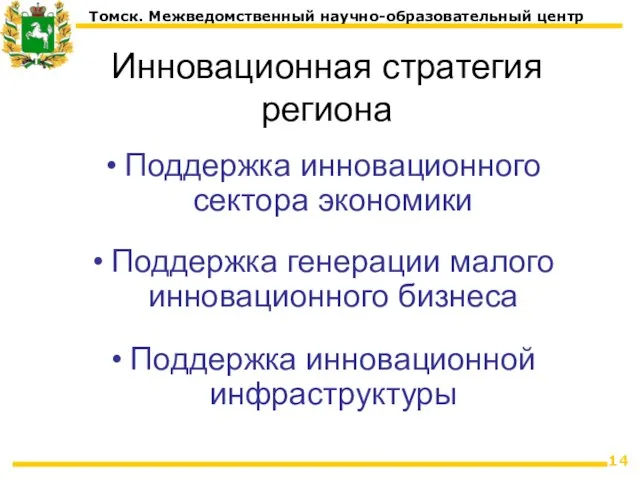 Инновационная стратегия региона Поддержка инновационного сектора экономики Поддержка генерации малого инновационного бизнеса Поддержка инновационной инфраструктуры