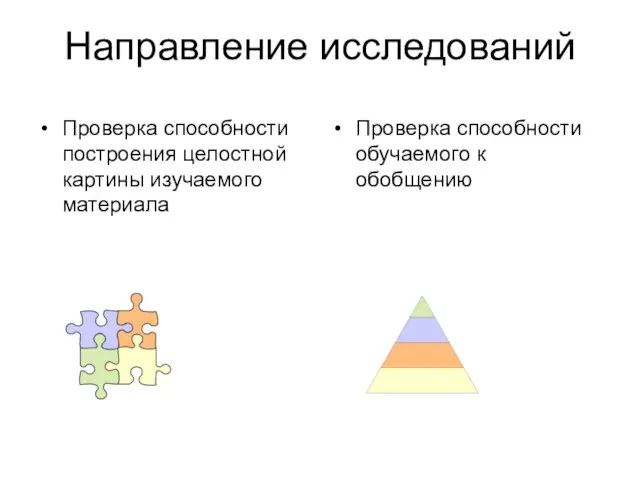 Направление исследований Проверка способности построения целостной картины изучаемого материала Проверка способности обучаемого к обобщению