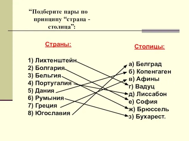 “Подберите пары по принципу “страна - столица”: Страны: 1) Лихтенштейн 2) Болгария