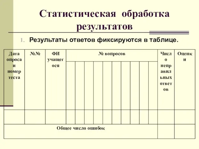 Статистическая обработка результатов Результаты ответов фиксируются в таблице.