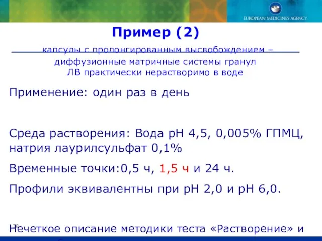 Применение: один раз в день Среда растворения: Вода pH 4,5, 0,005% ГПМЦ,