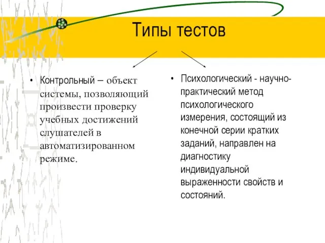 Типы тестов Контрольный – объект системы, позволяющий произвести проверку учебных достижений слушателей